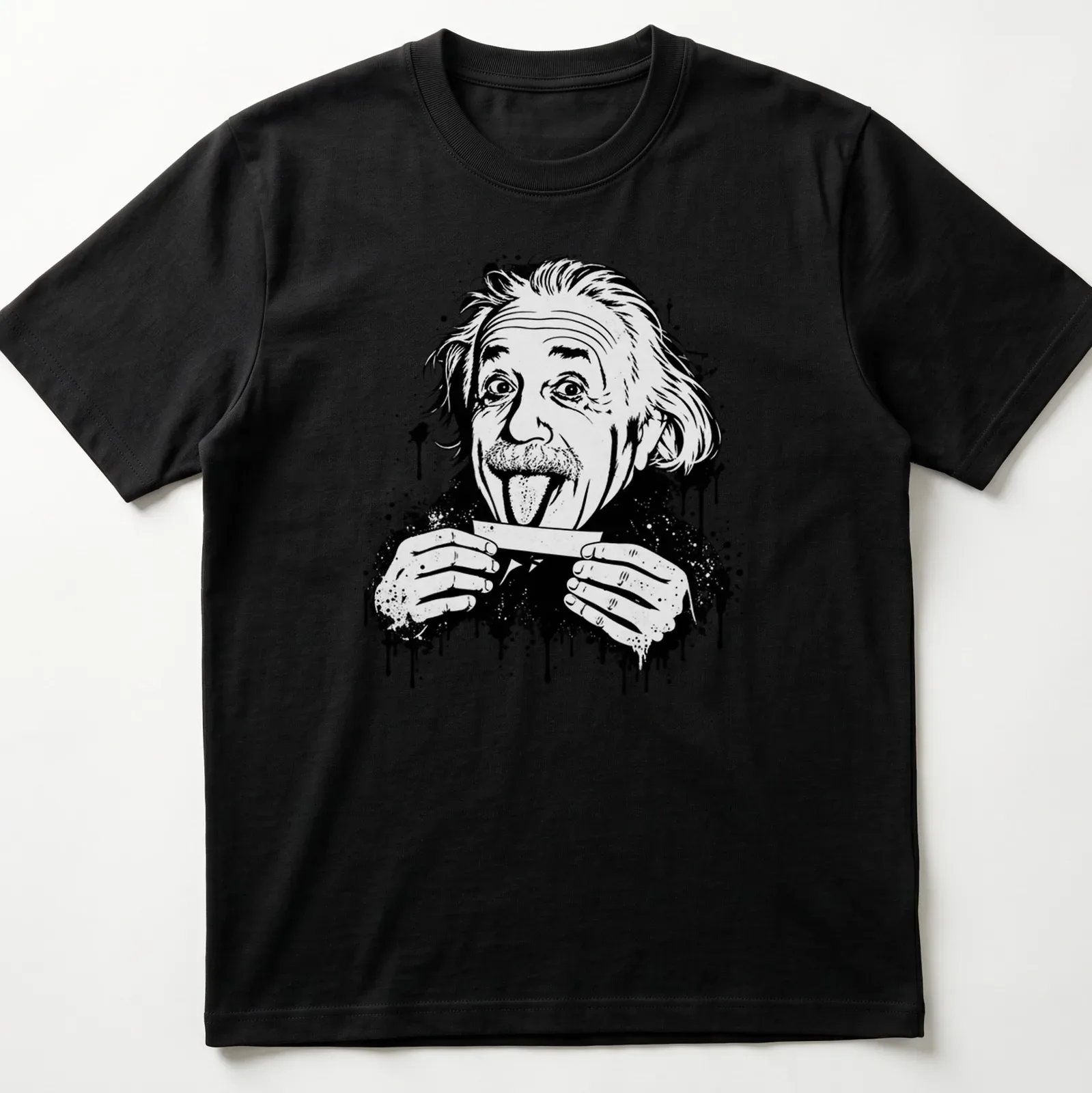 Black and white illustration of Einstein sticking out his tongue with splatter effect — printed on a unisex t-shirt