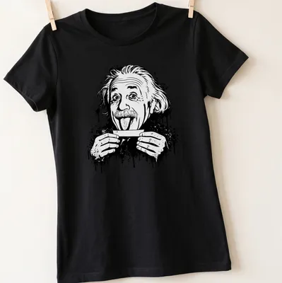 Black and white illustration of Einstein sticking out his tongue with splatter effect — printed on a women's shirt