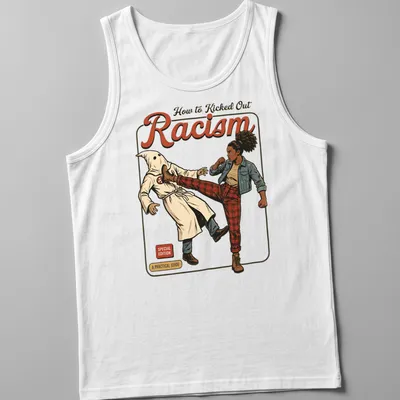 Vintage comic style shirt featuring a female fighter kicking at a hooded figure with bold text. — printed on a tank top