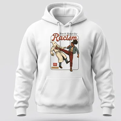 Vintage comic style shirt featuring a female fighter kicking at a hooded figure with bold text. — printed on a unisex hoodie