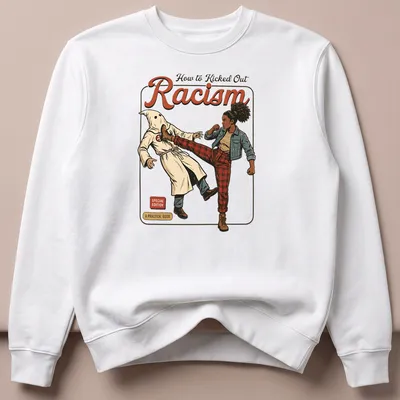 Vintage comic style shirt featuring a female fighter kicking at a hooded figure with bold text. — printed on a unisex sweatshirt