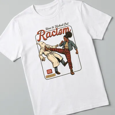 Vintage comic style shirt featuring a female fighter kicking at a hooded figure with bold text. — printed on a unisex t-shirt