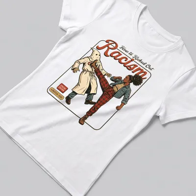 Vintage comic style shirt featuring a female fighter kicking at a hooded figure with bold text. — printed on a women's shirt