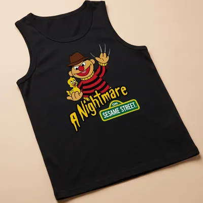 Cartoon of Ernie holding a rubber duck with the text A Nightmare On Sesame Street — printed on a tank top