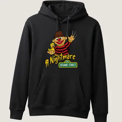 Cartoon of Ernie holding a rubber duck with the text A Nightmare On Sesame Street — printed on a unisex hoodie