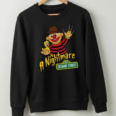 Cartoon of Ernie holding a rubber duck with the text A Nightmare On Sesame Street — printed on a unisex sweatshirt
