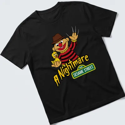 Cartoon of Ernie holding a rubber duck with the text A Nightmare On Sesame Street