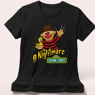 Cartoon of Ernie holding a rubber duck with the text A Nightmare On Sesame Street — printed on a women's shirt