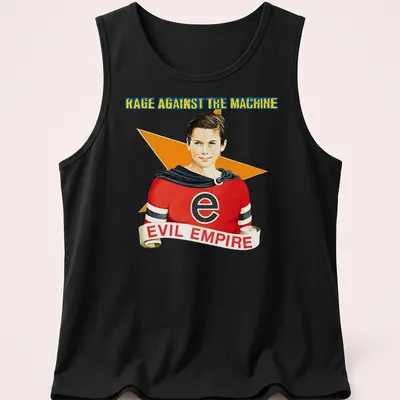 Vintage Rage Against The Machine shirt with superhero boy and bold text — printed on a tank top