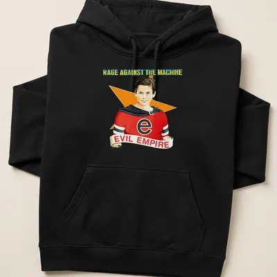 Vintage Rage Against The Machine shirt with superhero boy and bold text — printed on a unisex hoodie
