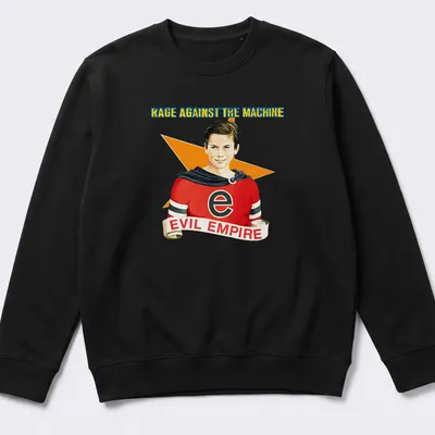 Vintage Rage Against The Machine shirt with superhero boy and bold text — printed on a unisex sweatshirt