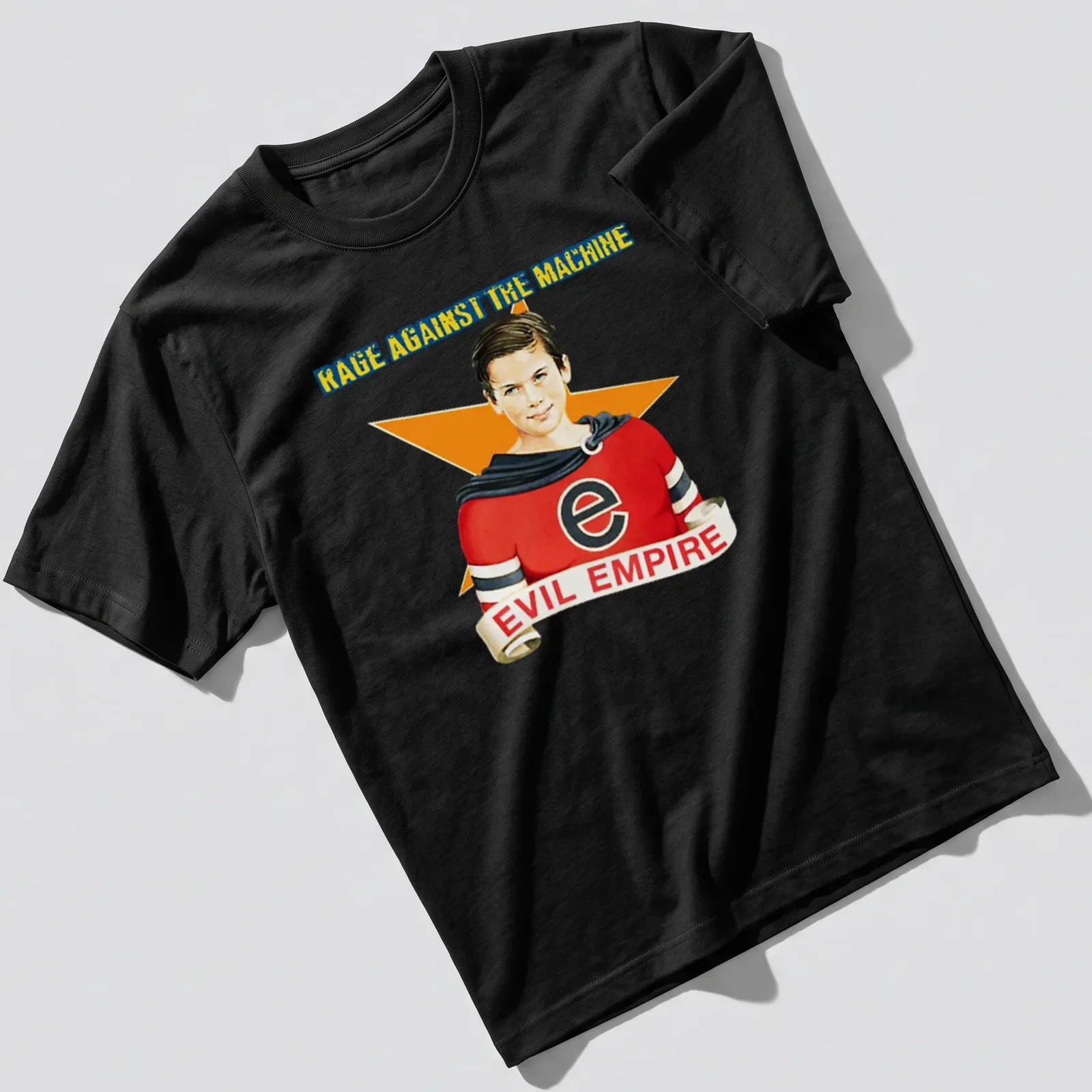 Vintage Rage Against The Machine shirt with superhero boy and bold text — printed on a unisex t-shirt