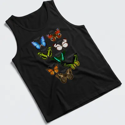 Detailed scientific illustration of various exotic butterfly species in vibrant colors — printed on a tank top