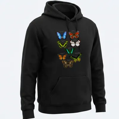 Detailed scientific illustration of various exotic butterfly species in vibrant colors — printed on a unisex hoodie