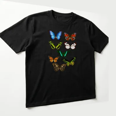 Detailed scientific illustration of various exotic butterfly species in vibrant colors — printed on a unisex t-shirt (angled view)