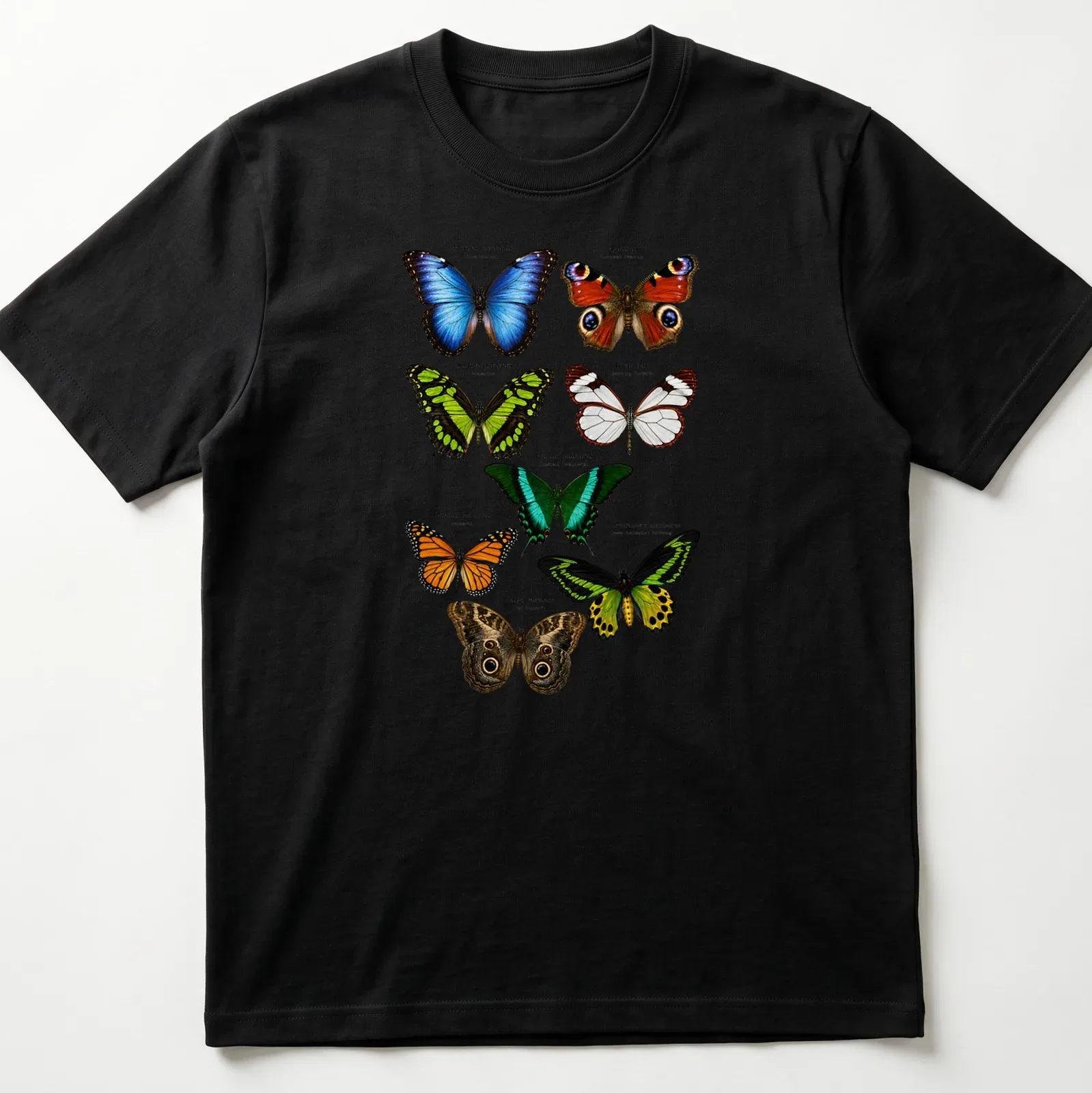 Detailed scientific illustration of various exotic butterfly species in vibrant colors — printed on a unisex t-shirt