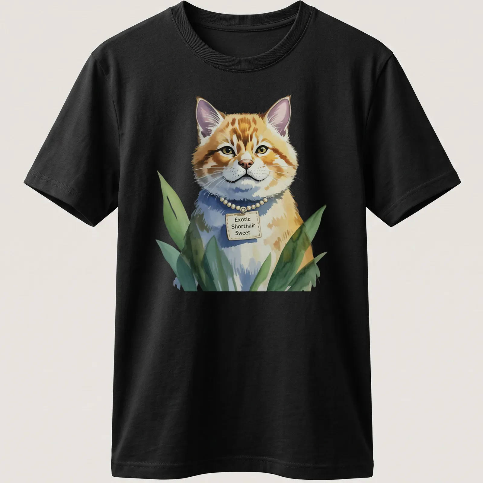Watercolor design of an Exotic Shorthair cat with sweet expression and text reading Exotic Shorthair Sweet — printed on a unisex t-shirt