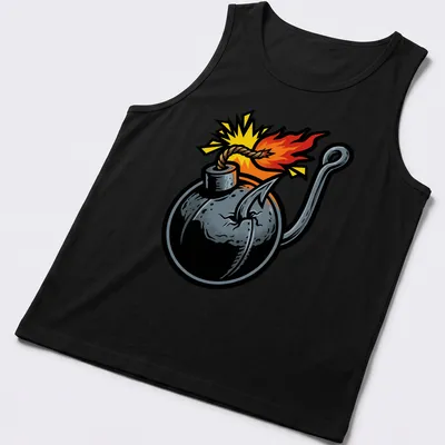 Bold comic style T-shirt featuring a cartoon bomb with explosive text. — printed on a tank top