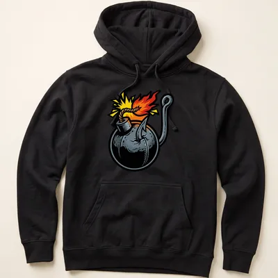 Bold comic style T-shirt featuring a cartoon bomb with explosive text. — printed on a unisex hoodie