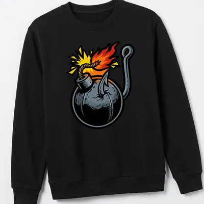 Bold comic style T-shirt featuring a cartoon bomb with explosive text. — printed on a unisex sweatshirt