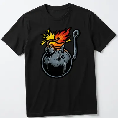 Bold comic style T-shirt featuring a cartoon bomb with explosive text. — printed on a unisex t-shirt