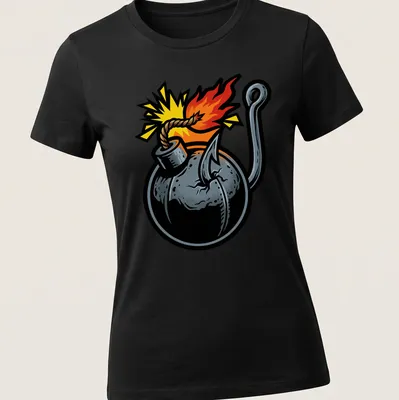 Bold comic style T-shirt featuring a cartoon bomb with explosive text. — printed on a women's shirt