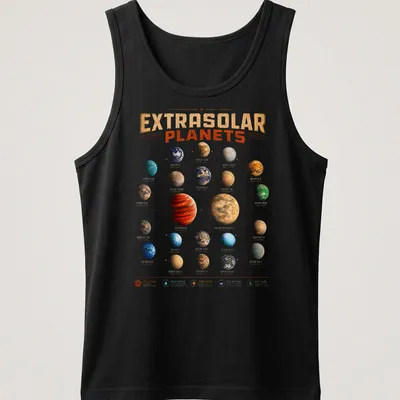 Illustration of diverse exoplanets on a space-themed — printed on a tank top