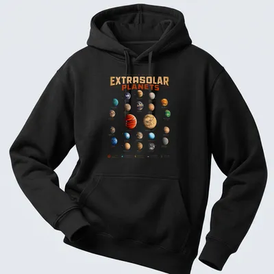 Illustration of diverse exoplanets on a space-themed — printed on a unisex hoodie