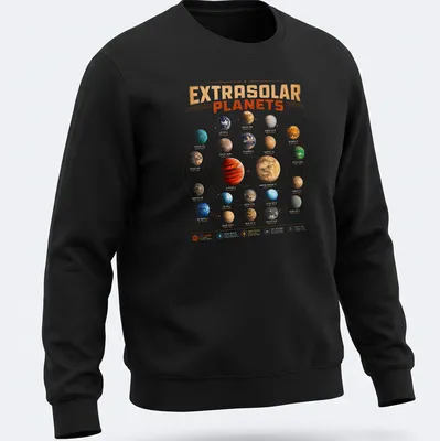 Illustration of diverse exoplanets on a space-themed — printed on a unisex sweatshirt