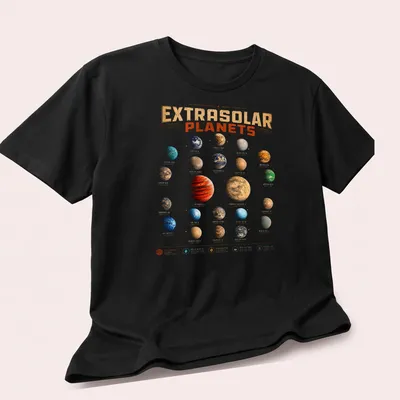Illustration of diverse exoplanets on a space-themed — printed on a unisex t-shirt (angled view)