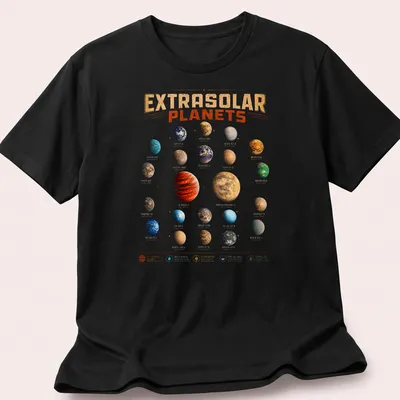 Illustration of diverse exoplanets on a space-themed shirt