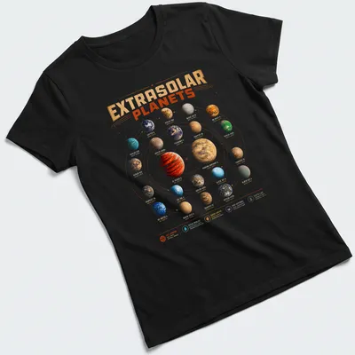 Illustration of diverse exoplanets on a space-themed — printed on a women's shirt