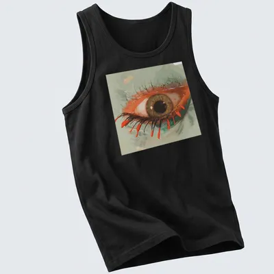 Artistic illustration of an eye with red tears, detailed in green and brown — printed on a tank top