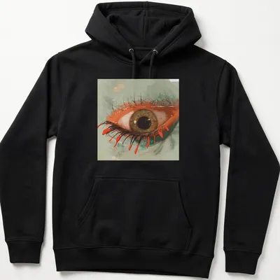 Artistic illustration of an eye with red tears, detailed in green and brown — printed on a unisex hoodie