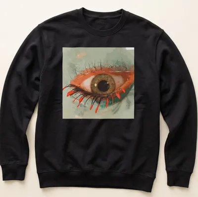 Artistic illustration of an eye with red tears, detailed in green and brown — printed on a unisex sweatshirt