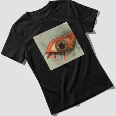 Artistic illustration of an eye with red tears, detailed in green and brown — printed on a women's shirt