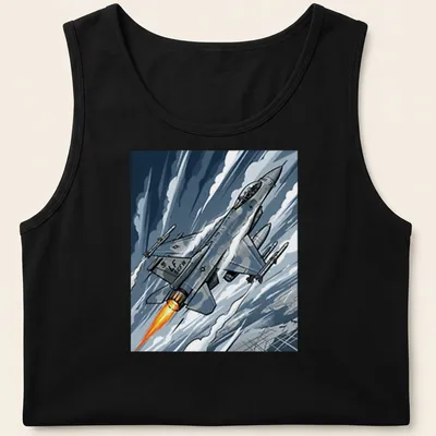 Comic style F 16 Fighting Falcon t-shirt in blue, gray, orange, and white. — printed on a tank top