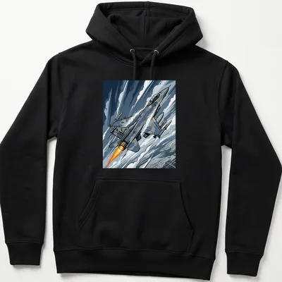 Comic style F 16 Fighting Falcon t-shirt in blue, gray, orange, and white. — printed on a unisex hoodie