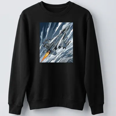 Comic style F 16 Fighting Falcon t-shirt in blue, gray, orange, and white. — printed on a unisex sweatshirt