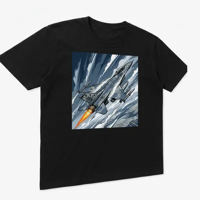 Comic style F 16 Fighting Falcon t-shirt in blue, gray, orange, and white. — printed on a unisex t-shirt (angled view)