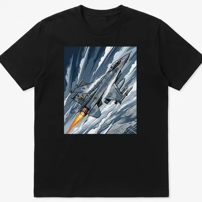 Comic style F 16 Fighting Falcon t-shirt in blue, gray, orange, and white. — printed on a unisex t-shirt