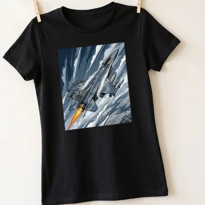 Comic style F 16 Fighting Falcon t-shirt in blue, gray, orange, and white. — printed on a women's shirt