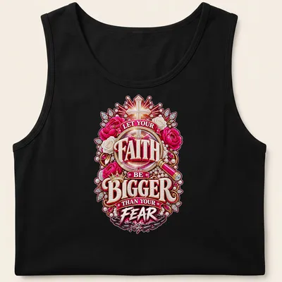 Floral design with a cross and the text 'Let Your Faith Be Bigger Than Your Fear' in vibrant colors. — printed on a tank top