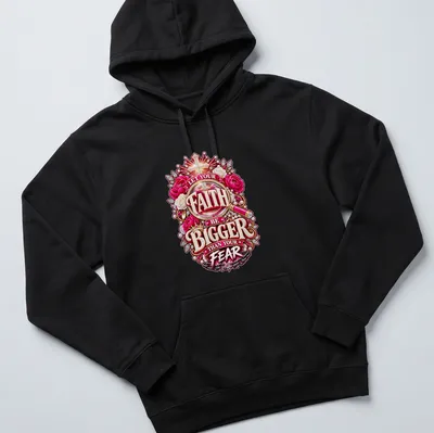 Floral design with a cross and the text 'Let Your Faith Be Bigger Than Your Fear' in vibrant colors. — printed on a unisex hoodie