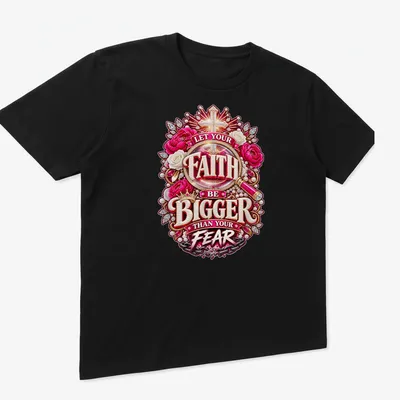 Floral design with a cross and the text 'Let Your Faith Be Bigger Than Your Fear' in vibrant colors. — printed on a unisex t-shirt (angled view)