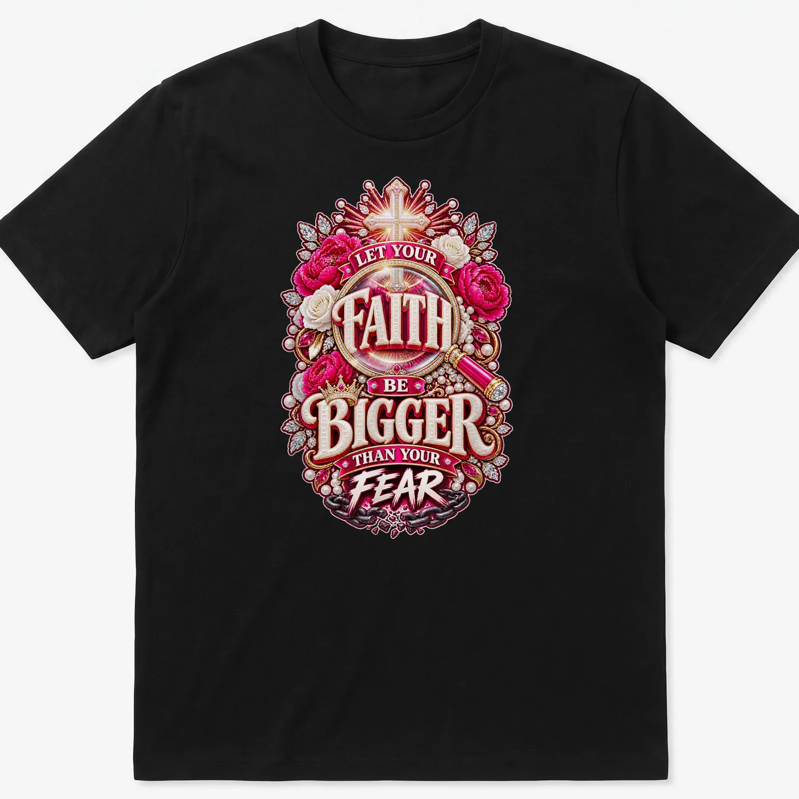 Floral design with a cross and the text 'Let Your Faith Be Bigger Than Your Fear' in vibrant colors. — printed on a unisex t-shirt