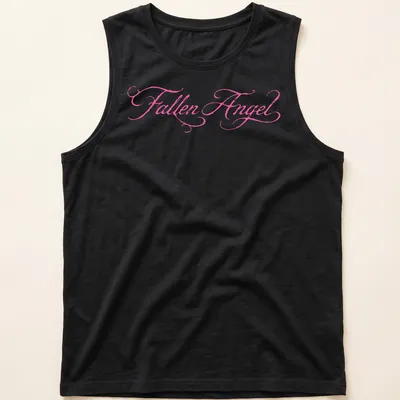Elegant script t-shirt featuring the text 'Fallen Angel' in pink — printed on a tank top