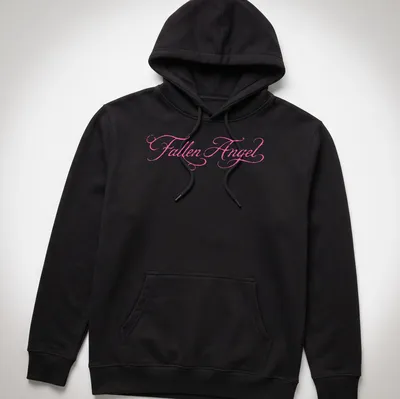 Elegant script t-shirt featuring the text 'Fallen Angel' in pink — printed on a unisex hoodie