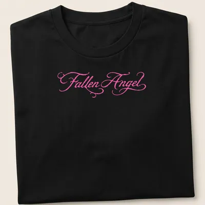 Elegant script t-shirt featuring the text 'Fallen Angel' in pink