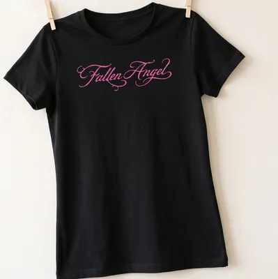 Elegant script t-shirt featuring the text 'Fallen Angel' in pink — printed on a women's shirt